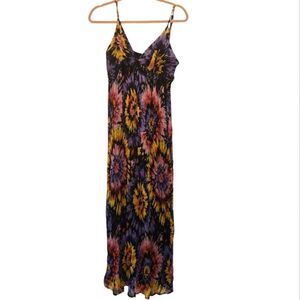Vintage Y2K Floral Maxi Dress 14 V-neck Bias Cut Sequin Black Beaded Colorful